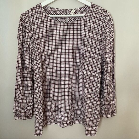 Treasure & Bond Blouse Plaid Long Sleeve Keyhole Back Purple Burgundy Linen - Picture 1 of 10
